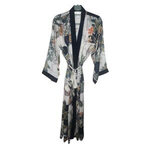 Diamond Tea Satin Long Kimono Robe Floral Women Size Small White Blue Tassel Tie
